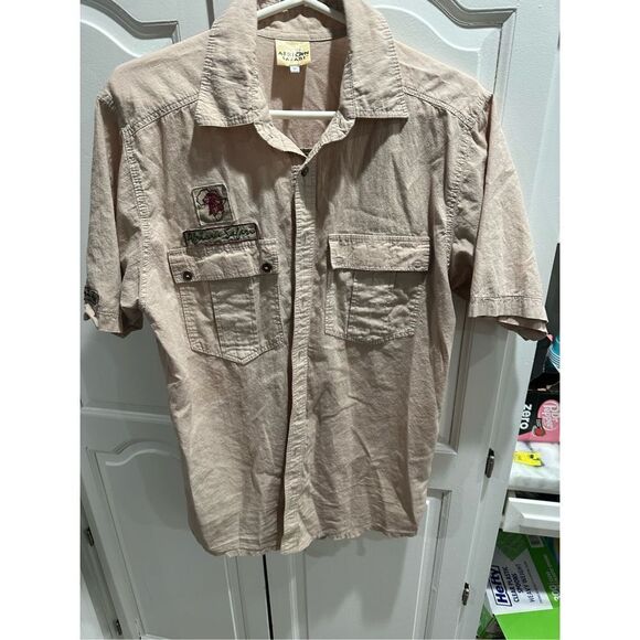 African Safari Short Sleeve Button Shirt Mens M Embroidered Patches Checked - Picture 1 of 7